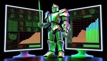 A Cyborg Holding a Futuristic Sword with Holographic Screen on Dark Background. . photo