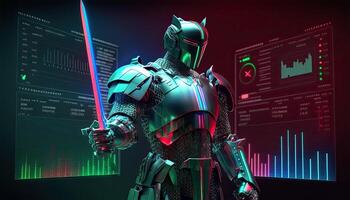 A Cyborg Holding a Futuristic Sword with Holographic Screen on Dark Background. . photo