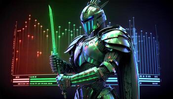 A Cyborg Holding a Futuristic Sword with Holographic Screen on Dark Background. . photo