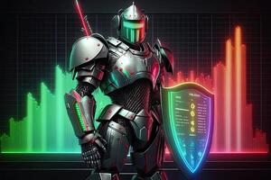 A cyborg holding a futuristic shield, digital hologram graphs background, digital art style. . photo