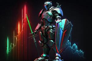 A cyborg holding a futuristic sword with shield, digital hologram graphs background, digital art style. . photo