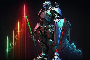 A cyborg holding a futuristic sword with shield, digital hologram graphs background, digital art style. Generative AI. photo