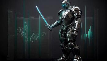 A Cyborg Holding a Futuristic Sword with Holographic Screen on Dark Background. . photo