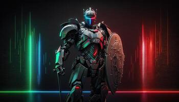 A cyborg holding a futuristic shield digital hologram graphs background, digital art style. . photo