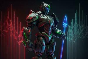 A cyborg holding a futuristic sword digital hologram graphs background, digital art style. Generative AI. photo