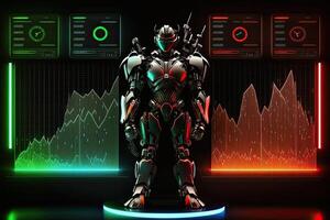 A cyborg robot in digital hologram graphs background, digital art style. . photo