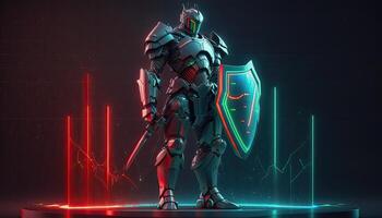 A cyborg holding a futuristic sword with shield, digital hologram graphs background, digital art style. . photo