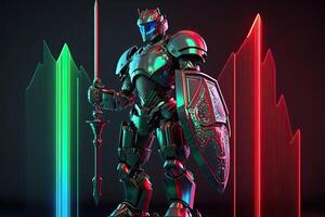 A cyborg holding a futuristic sword digital hologram graphs background, digital art style. . photo