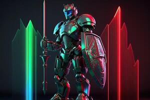 A cyborg holding a futuristic sword digital hologram graphs background, digital art style. Generative AI. photo