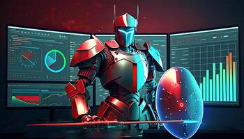 A Cyborg Holding a Futuristic Sword with Shield and Holographic Screen on Dark Background. . photo