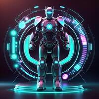 robot , neón alta tecnología concepto, Deportes juego de cyberpunk Ciencias ficción, un escena estar pedestal escenario, ilustración, y futurista neón brillo. generativo ai foto