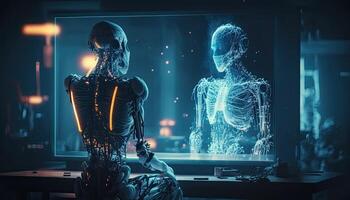 Humanoid Robot sitting in front of virtual hologram screen background, Digital art style. . photo