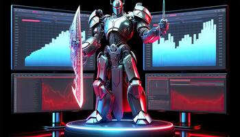 A Cyborg Holding a Futuristic Sword with Shield and Holographic Screen on Dark Background. . photo