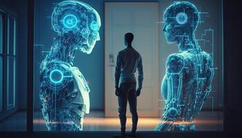 Humanoid Robots, virtual hologram display background, Digital art style. . photo