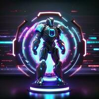 Robot , neon high-tech concept, sports game of cyberpunk science fiction, a scene stand pedestal stage, illustration, and futuristic neon glow. Generative AI photo