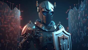 A cyborg holding a futuristic sword with shield, digital art style. . photo