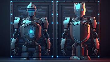 A cyborg holding a futuristic sword with shield, digital art style. . photo