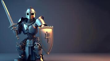 Action Cyborg Holding a Sword with Shield on Dark Background And Copy Space. Illustration. photo