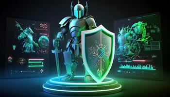 A Cyborg Avatar with Cyberset Holographic Screen on Dark Background. . photo