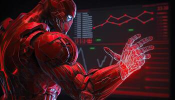 Robot operating virtual interface and manipulating elements with robotic hand. Red holographic screen artificial intelligence concept. photo