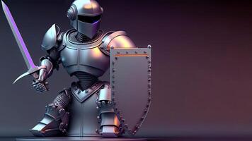 Action Cyborg Holding a Sword with Shield on Dark Background And Copy Space. Illustration. photo