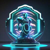 Robot , neon high-tech concept, sports game of cyberpunk science fiction, a scene stand pedestal stage, illustration, and futuristic neon glow. Generative AI photo