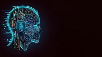 Artificial Intelligence in Humanoid Head with Neural Network, Digital Brain Learning Processing Big Data. Face of Cyber Mind. Technology and Space for Your Message. photo
