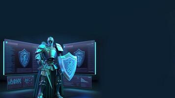 A Cyborg Holding a Futuristic Sword, Shield, Holographic Screen on Dark Background and Copy Space. DIgital Art Illustration. . photo