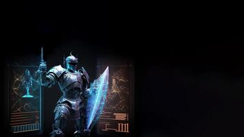 A Cyborg Holding a Futuristic Sword with Shield, Holographic Screen on Dark Background and Copy Space. . photo