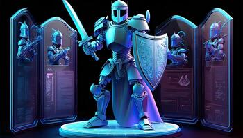 Cyborg Avatar with Weapon, Holographic Screen on Dark Background. . photo