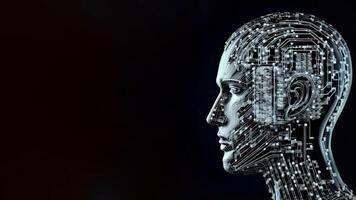 Artificial Intelligence in Humanoid Head with Neural Network, Digital Brain Learning Processing Big Data. Face of Cyber Mind. Technology and Space for Your Message. photo