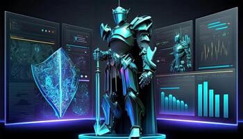 A Cyborg Holding a Futuristic Sword with Holographic Virtual Screen on Dark Background. . photo