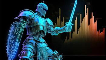 Side View of Cyborg Holding a Futuristic Sword, Holographic Screen on Dark Background. . photo