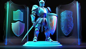 A Cyborg Holding a Futuristic Sword with Shield, Holographic Screen on Dark Background. . photo
