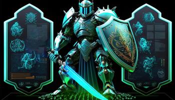 A Cyborg Holding a Futuristic Sword with Different Helmet Holographic Screen on Dark Background. . photo