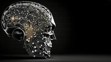 Artificial Intelligence in Humanoid Head with Neural Network, Digital Brain Learning Processing Big Data. Face of Cyber Mind. Technology and Space for Your Message. photo