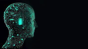 Artificial Intelligence in Humanoid Head with Neural Network, Digital Brain Learning Processing Big Data. Face of Cyber Mind. Technology and Space for Your Message. photo