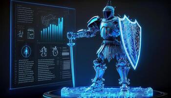 A Cyborg Holding a Futuristic Sword with Holographic Screen on Dark Background. . photo
