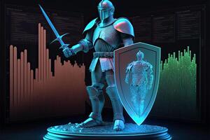 A Cyborg Holding a Futuristic Sword with Shield, Holographic Screen on Dark Background. Illustration. photo