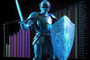 A Cyborg Holding a Futuristic Sword with Shield, Holographic Screen on Dark Background. Illustration. photo
