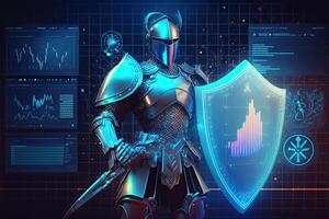 A Cyborg Holding a Futuristic Sword with Shield, Holographic Screen on Dark Background. Illustration. photo