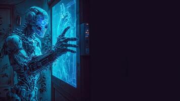 Robot operating virtual interface and manipulating elements with robotic hand. Blue holographic screen artificial intelligence concept. Robots control people in the near future. photo