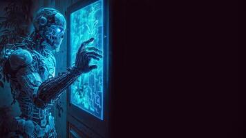 Robot operating virtual interface and manipulating elements with robotic hand. Blue holographic screen artificial intelligence concept. Robots control people in the near future. photo