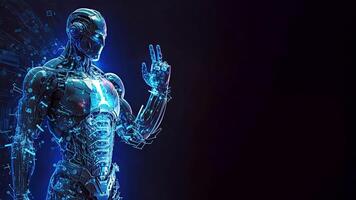A Cyborg 3D illustration with Dramatic Futuristic Blue Lighting in an Action Position. Banner Design with Copy Space. . photo