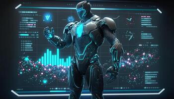 Robot Operating Virtual Interface and Manipulating Elements with Robotic hand. Holographic Screen Artificial Intelligence Concept. Robots Control People in the Near Future. photo