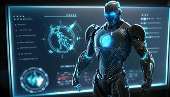 Robot Operating Virtual Interface and Manipulating Elements with Robotic hand. Holographic Screen Artificial Intelligence Concept. Robots Control People in the Near Future. photo