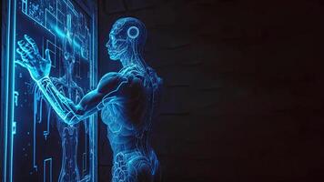 Robot operating virtual interface and manipulating elements with robotic hand. Blue holographic screen artificial intelligence concept. Robots control people in the near future. photo