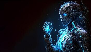 A Female Cyborg 3D illustration with Dramatic Futuristic Lighting in an Action Position. Banner Design with copy space. . photo
