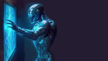 Robot operating virtual interface and manipulating elements with robotic hand. Blue holographic screen artificial intelligence concept. Robots control people in the near future. photo