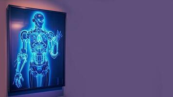 Artificial Intelligence in the form of a Digital Blue Wireframe Body Holographic Screen on Dark Background and Copy Space. photo